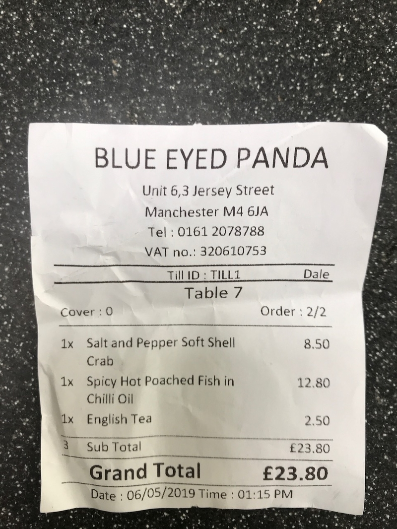 2019 05 10 Blue Eyed Panda Receipt