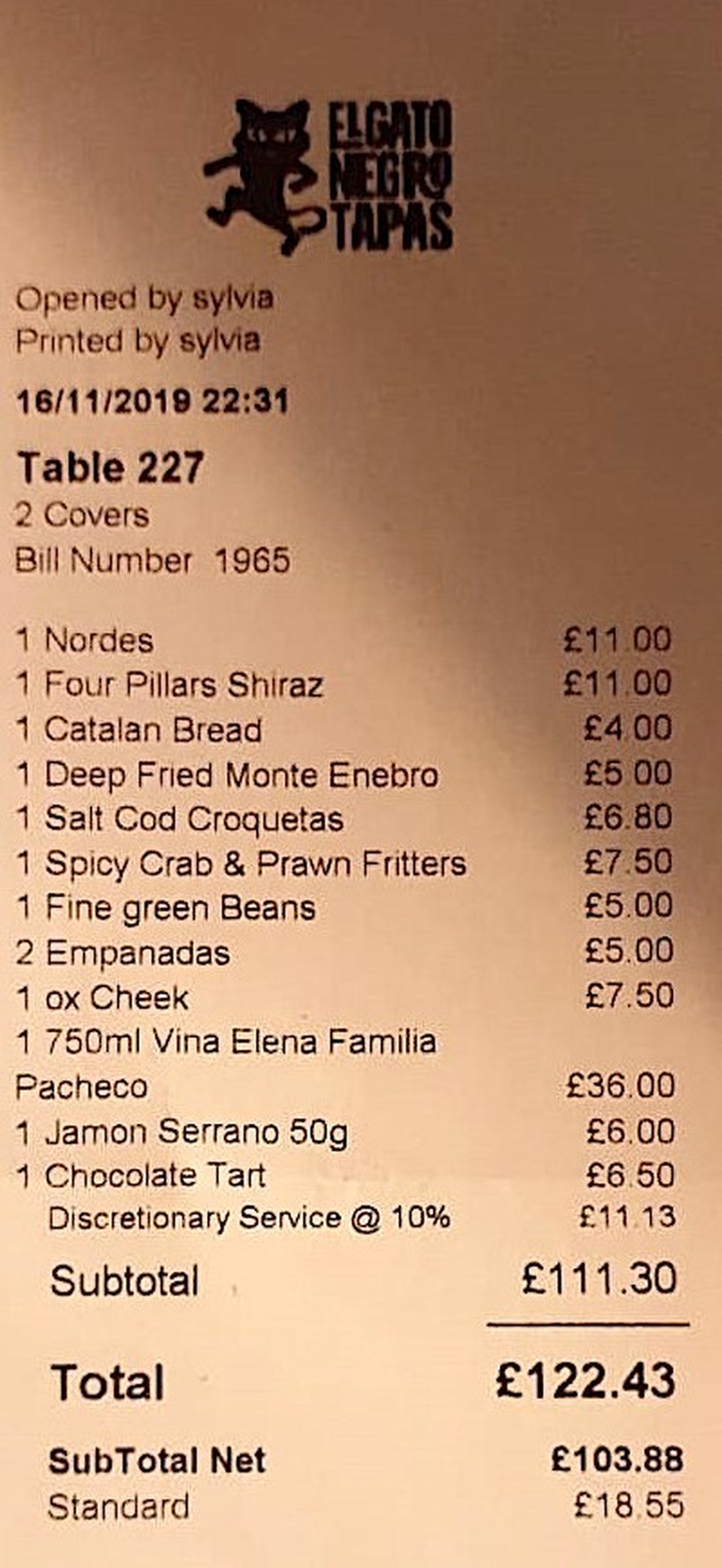 2019 11 25 El Gato Negro Receipt Leeds