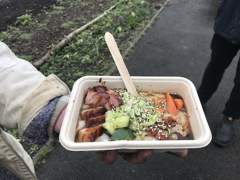 A Compostable Tray Of Char Siu Pork With Jasmine Rice Congee And Pickled Home Grown Vegetables Cooked At Platt Fields Market Garden Fallowfied Manchester