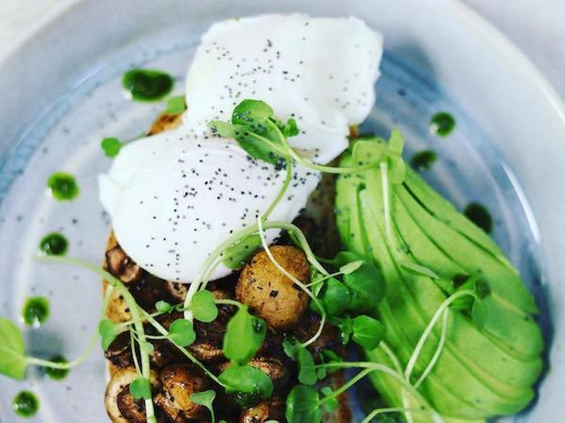 Poached Eggs Wild Mushrooms Avacado Watercress And Omega Seeds With Gluten Free Sourdough At The Remedy Kitchen In Manchester