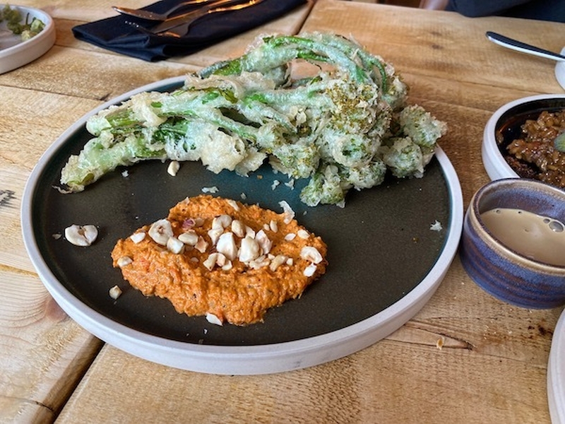 Tempura Fried Broccoli With Red Pepper And Hazelnut Dip At Vegan Tapas Heswall On The Wirral