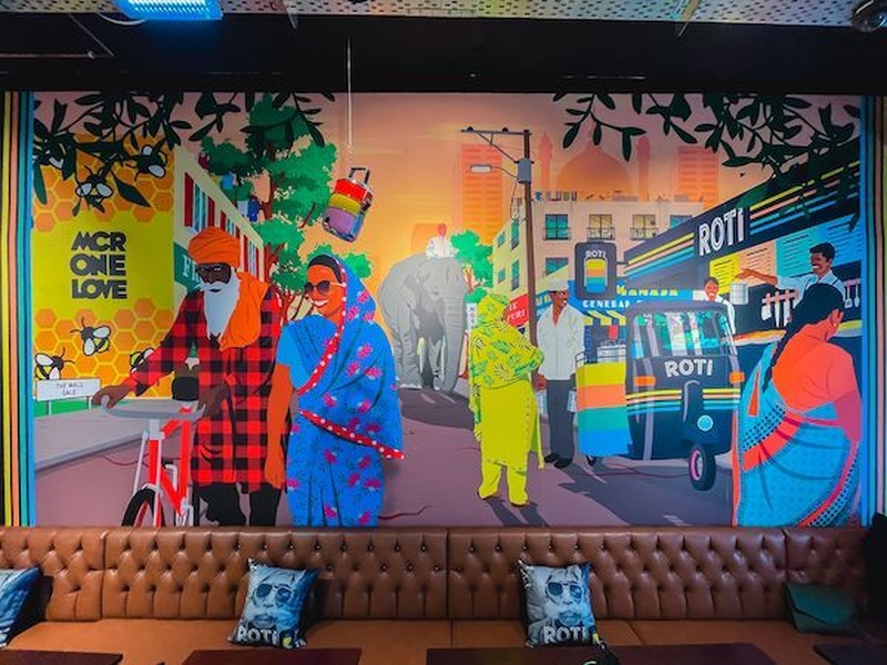Large Mural Of Indian Street Scene Roti Sale