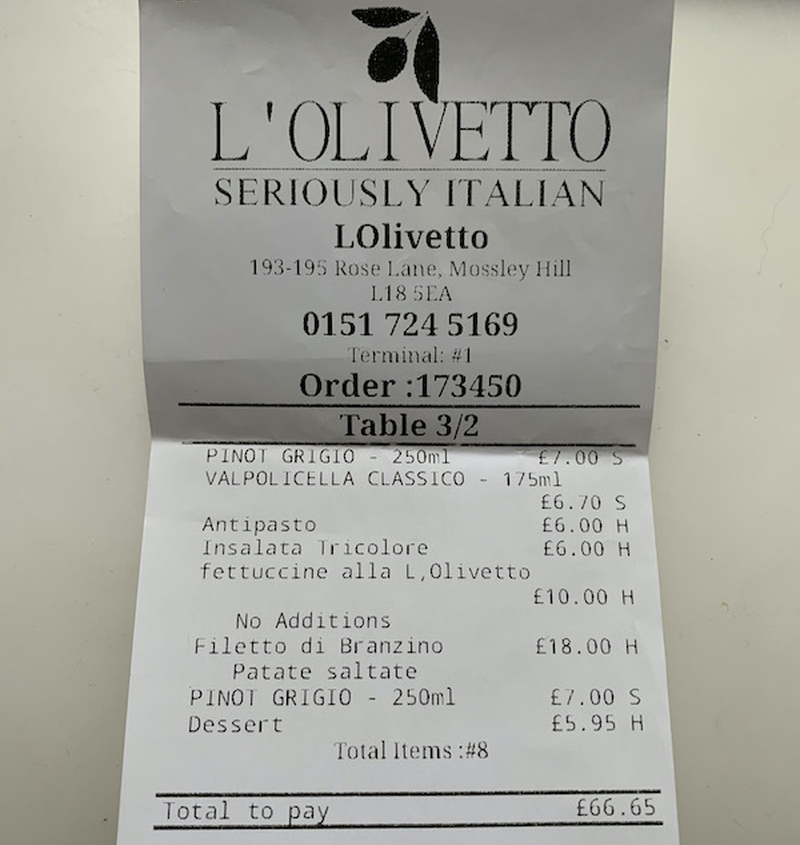 Lolivetto Rose Lane Allerton Italian Restaurant Receipt Va
