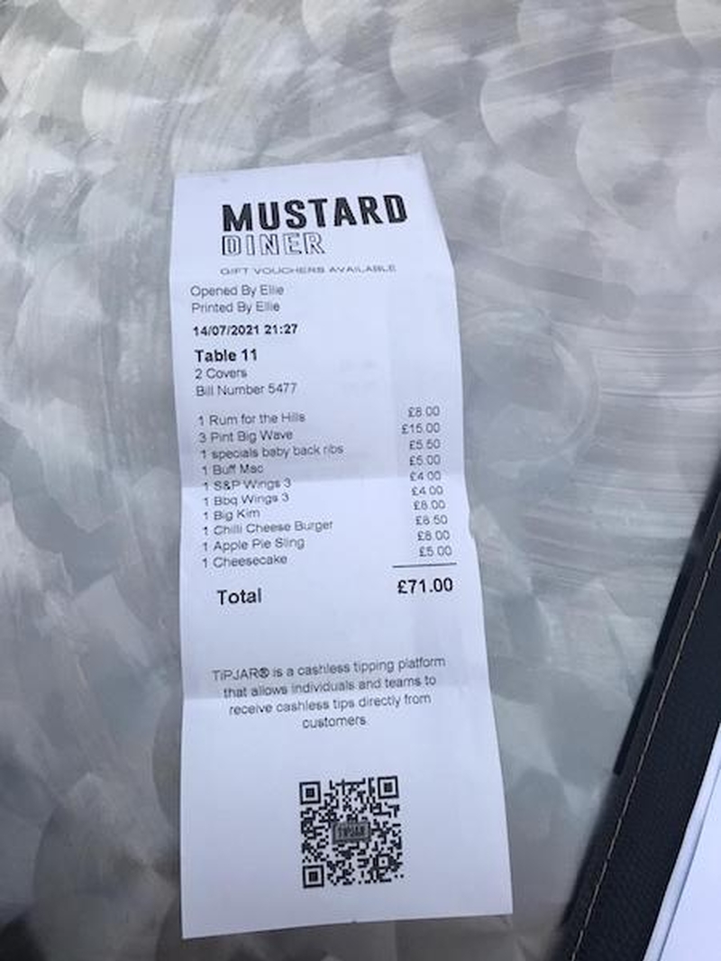 A Picture Of The Receipt From Review Mustard Diner In Altrincham Manchester