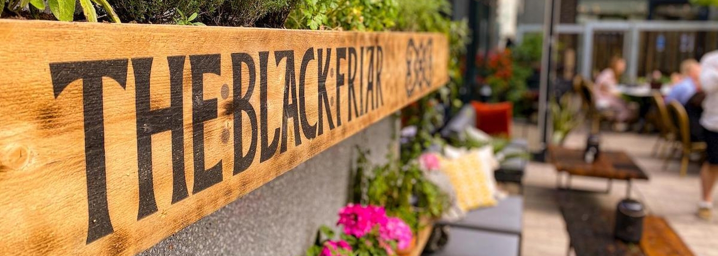 The Black Friar Sign In The New Beer Garden And Outdoor Dining Area At This Historic Salford Pub That Has Been Given A New Lease Of Life1200 X 800