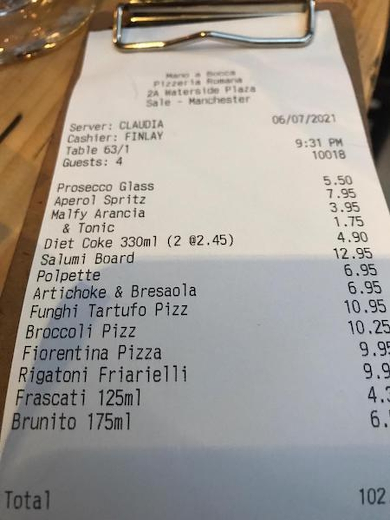Mano A Bocca Sale Manchester Receipt For A Restaurant Review