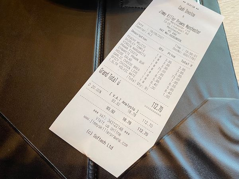 The Receipt From Jimmys Killer Prawns A Seafood Restaurant In Manchester On Liverpool Road