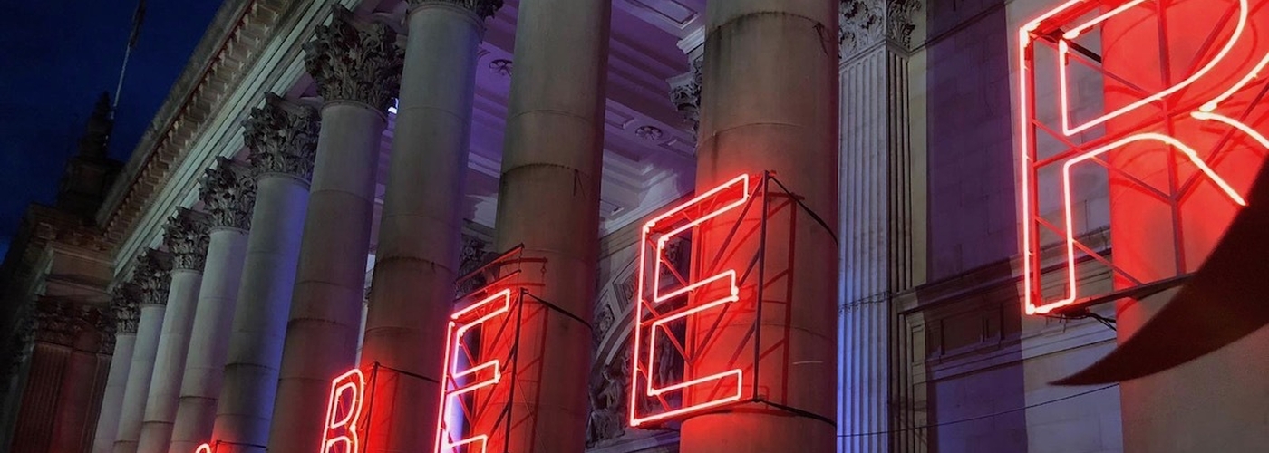 Red Neon Lighting On The Steps Of Leeds Town Hall For Leeds International Beer Festival