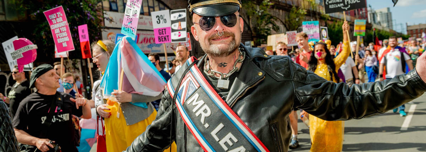A Man In Leather With Mr Leather Sash Marches At Manchester Pride Protest 2021 Chris Keller Jackson