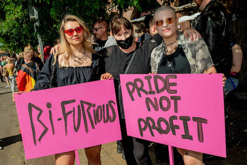 Bifurious And Pride Not Profit Pink Signs At Manchester Pride Protest 2021 Chris Keller Jackson