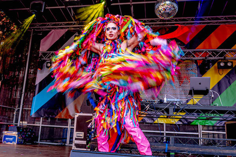 Cheddar Gorgeous In Wild Rainbow Outfit On The Alan Turning Stage At Manchester Pride 2021 Chris Keller Jackson