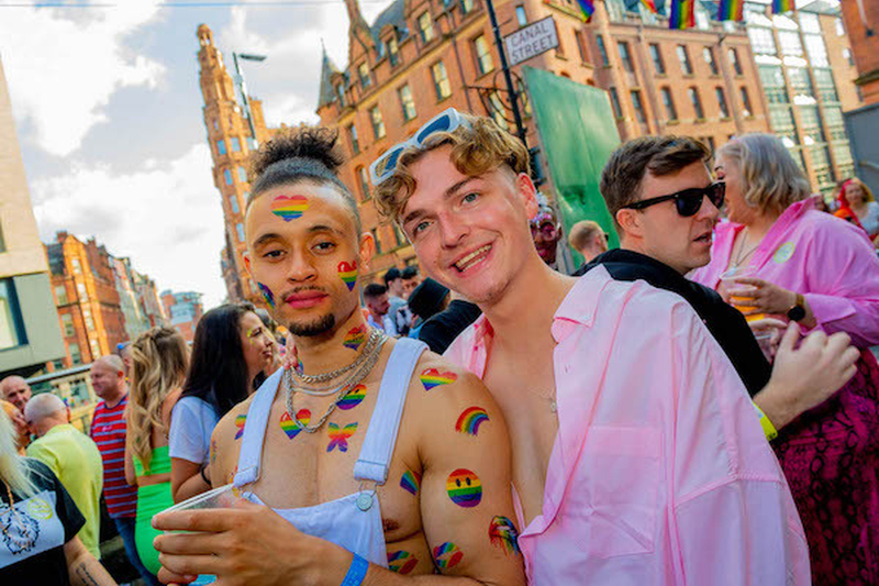 A Man With Dungarees And Rainbow Transfers And His Frined In A Pink Shirt At Manchester Pride 2021 Chris Keller Jackson