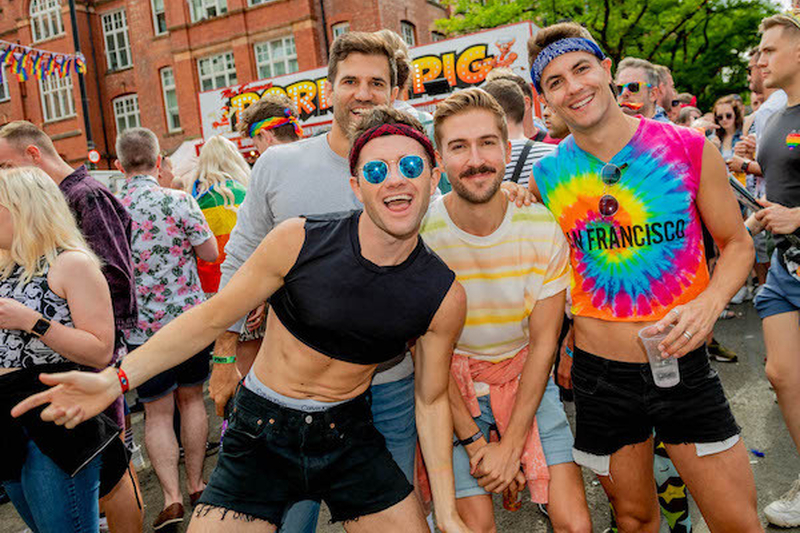 A Group Of Men In Rainbow Tie Dye Bandanas And Blue Shades At Manchester Pride 2021 Chris Keller Jackson