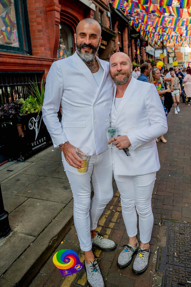 Two Men In Dapper White Suits At Manchester Pride 2021 Chris Keller Jackson