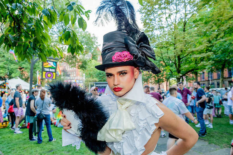 Boy George Lookalike In Black Hat With Feather Fan At Manchester Pride 2021 Chris Keller Jackson