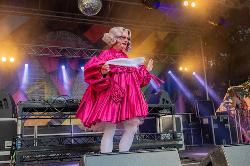 A Drag Queen In A Bright Pink Ruched Dress With A Pink Beard At Manchester Pride 2021 Chris Keller Jackson