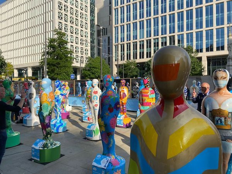 The Colourful Statues As Part Of The Gratitude Exhibition Which Is In Manchesters St Peters Square As Part Of A National Tour