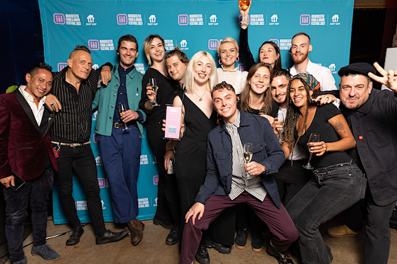 John Robb Presents Award To The Team Including Luke Unabomber From Escape To Freight Island In Manchester That Won Best Pop Up Or Project At The Food And Drink Awards 2021