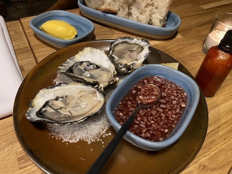 Plate Of 3 Oysters With Shallot Dressing At 10 Tib Lane In Manchester