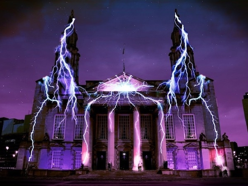 Leeds Town Hall Is Lit Up By A Lightning Inspired Projection As Part Of Light Night