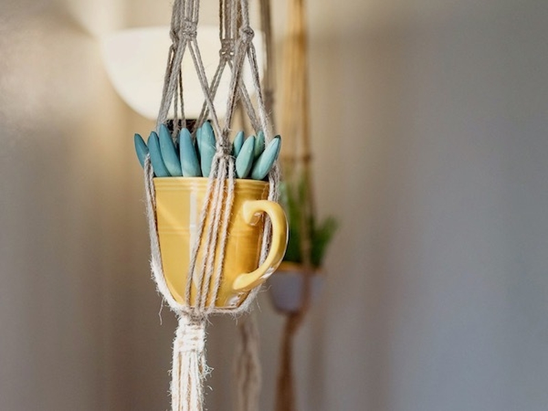 A Macrame Plant Hanger Holding A Yello Mug With A Cactus In It