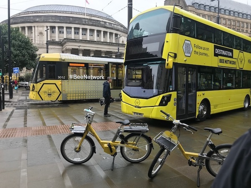 The New Manchester Bee Network Travel Options Which Were Paraded Outside Of The Tory Conference In Manchester