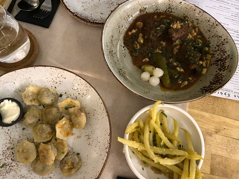 Russian Pelmeni Tyrolese Goulash And Yellow Beans At The Sparrows Manchester