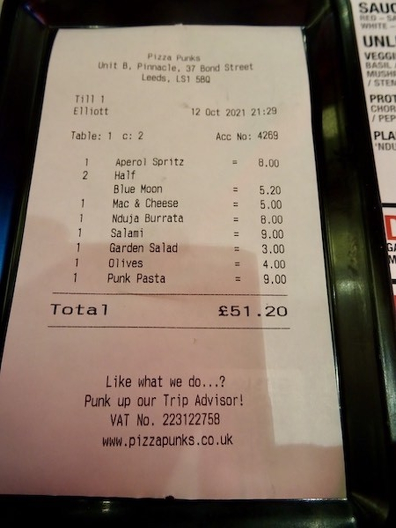 Receipt From Review Meal At Pizza Punks Leeds