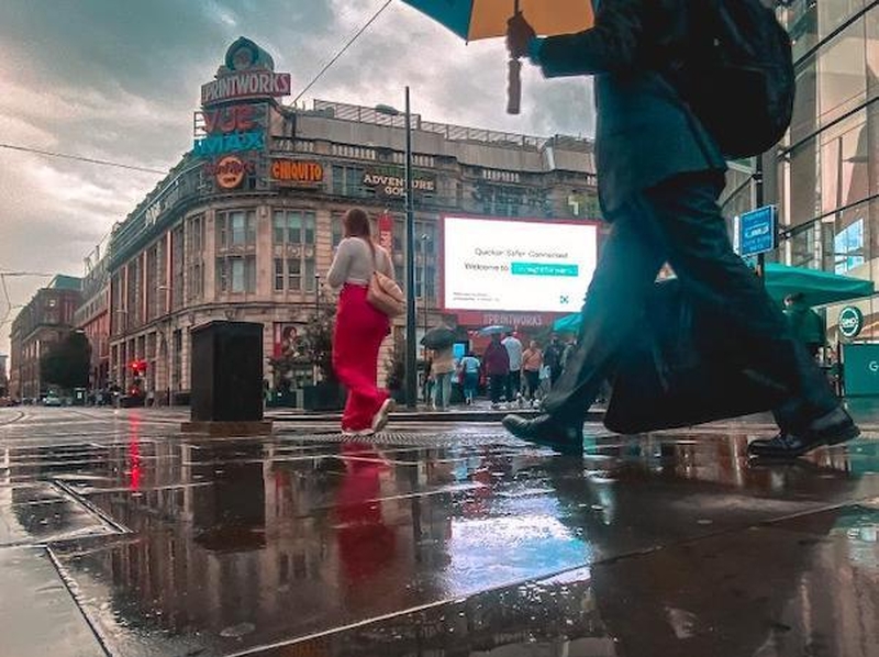 A Rainy Day Outside Exchange Square Looking Towards The Printworks In Manchester Which Is Home To A Defibrillator