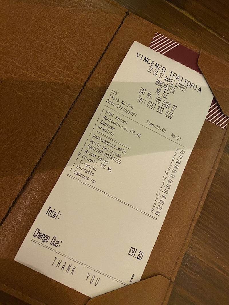 Receipt Cost Of Meal For Two Vincenzos Trattoria Manchester