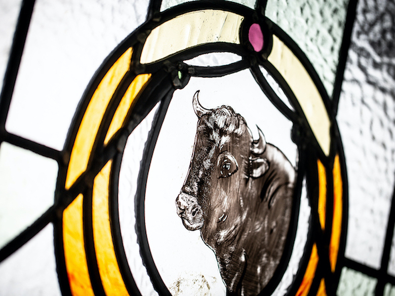 Stained Glass Of A Black Bull In The Cumbria Pub