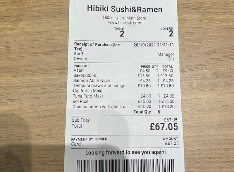 Hibiki Japanese Restaurant Liverpool Menu Receipt