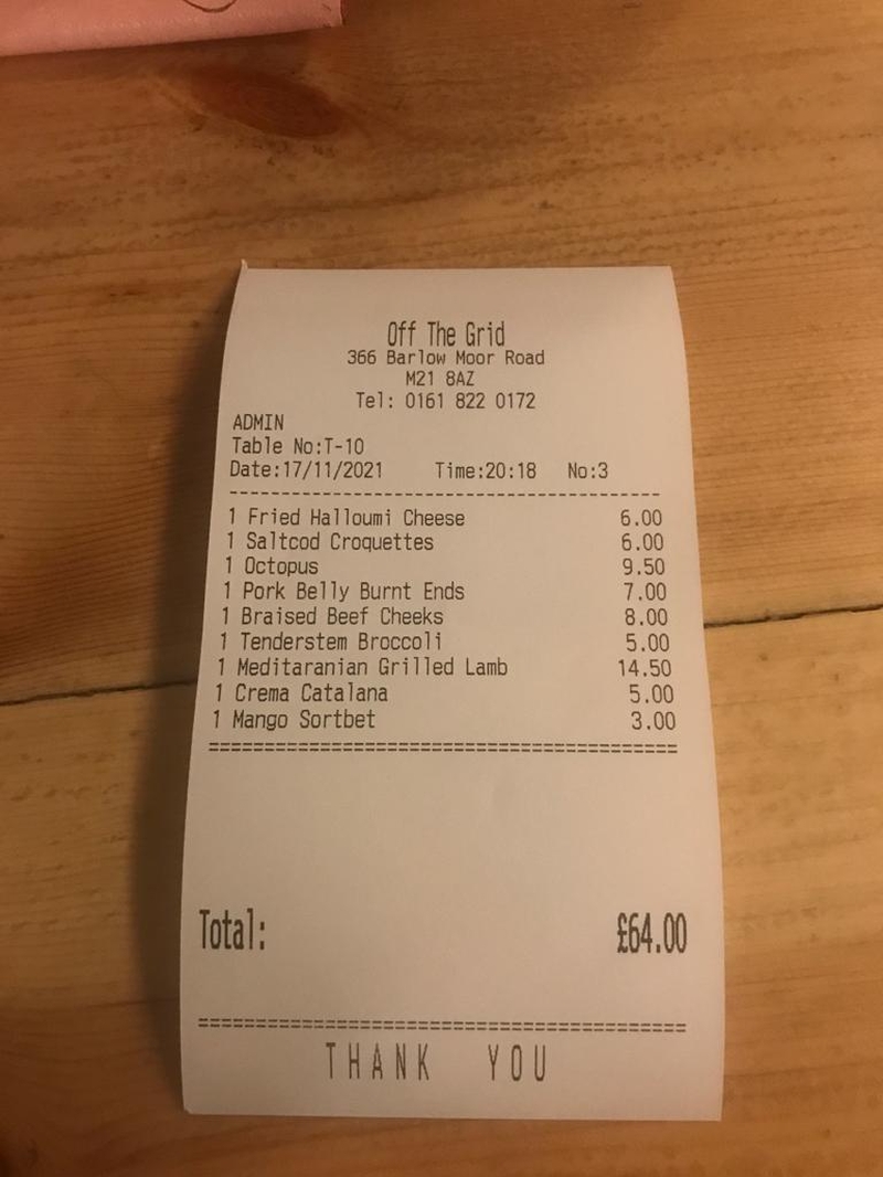The Receipt From Off The Grid In Chorlibobs Manchester