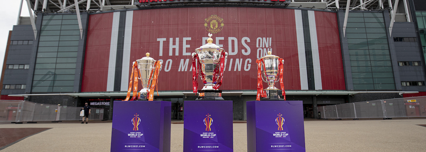 The Three Rugby League World Cup Trophies Outside Of Old Trafford In Manchester Ahead Of The Rescheduled 2021 Rugby League World Cup