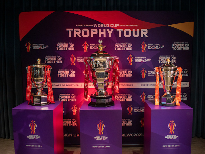 The Three Rugby League Trophies On Show At The Trophy Tour In Manchester As Part Of The Rescheduled 2021 Tournament