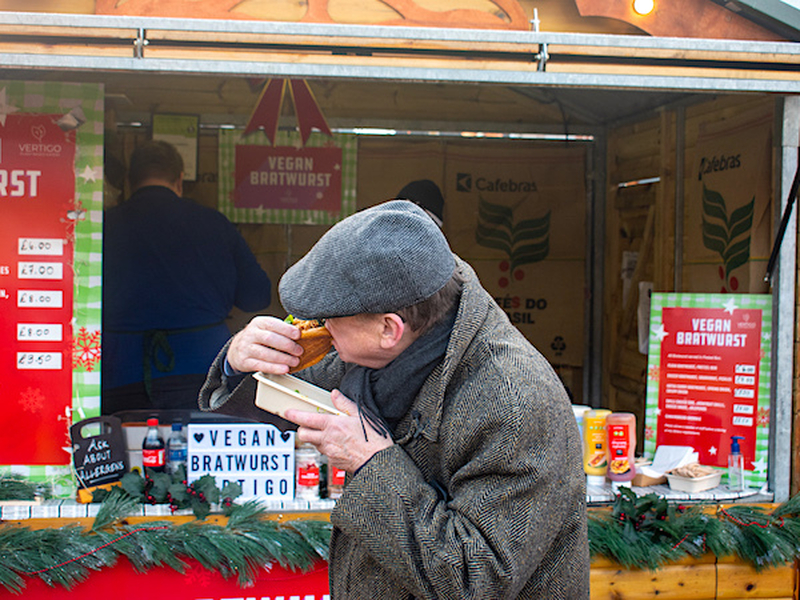 Gordo Mark Garner Eats A Vegan Bratwurst At Manchester Xmas Markets