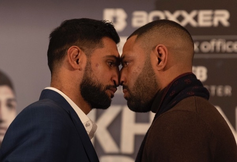 Amir Khan and Kell Brooks face-off at the press conference ahead of their fight at Manchester Arena in February