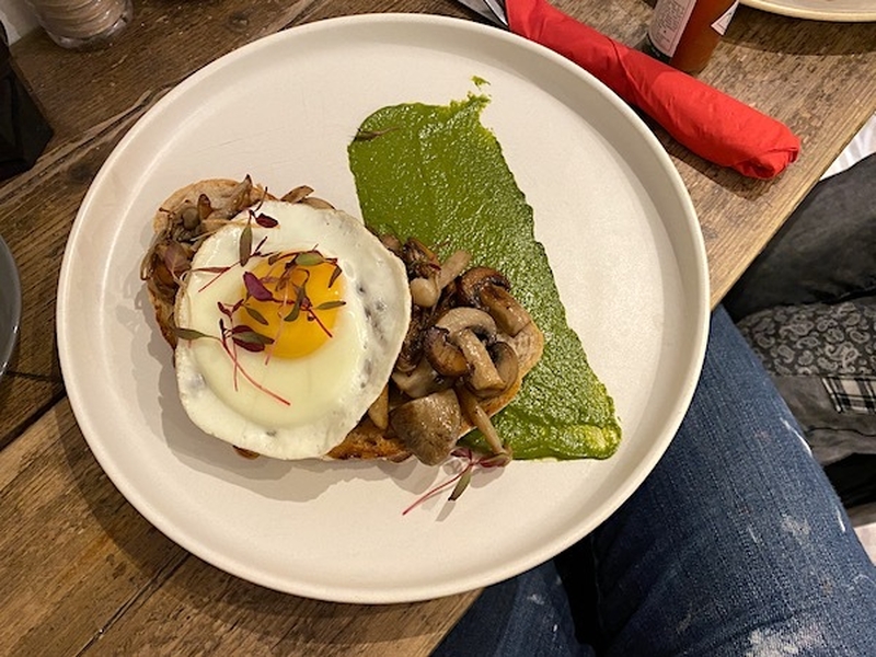 Wild Mushrooms On Toast With Fried Egg And Kale Pesto At Half Cup Cafe Kings Cross