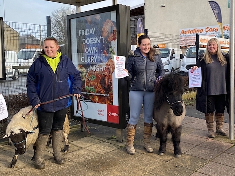 A Woman With A Sheep And A Woman With A Pony Wait For The Bus In Bolton As A Protest Agains The Proposed Clean Air Zone Charges