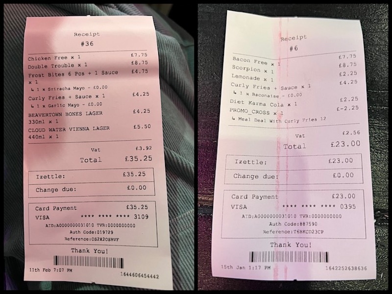 Receipts From Two Visits To Frost Burgers On Portland Street In Manchester