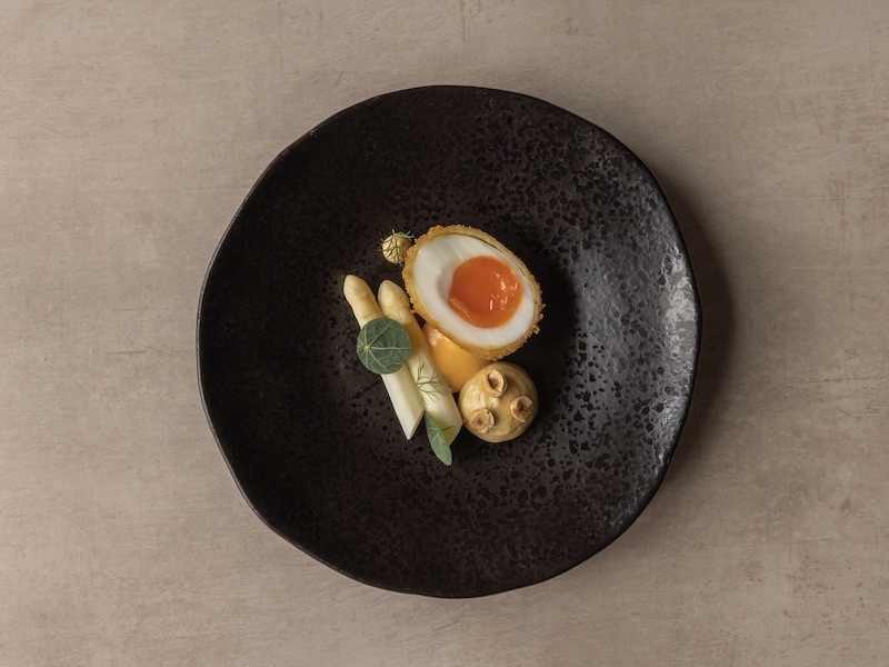 Six By Nico Rome Course 2 White Asparagus Crispy Duck Egg Hazelnut Brown Butter