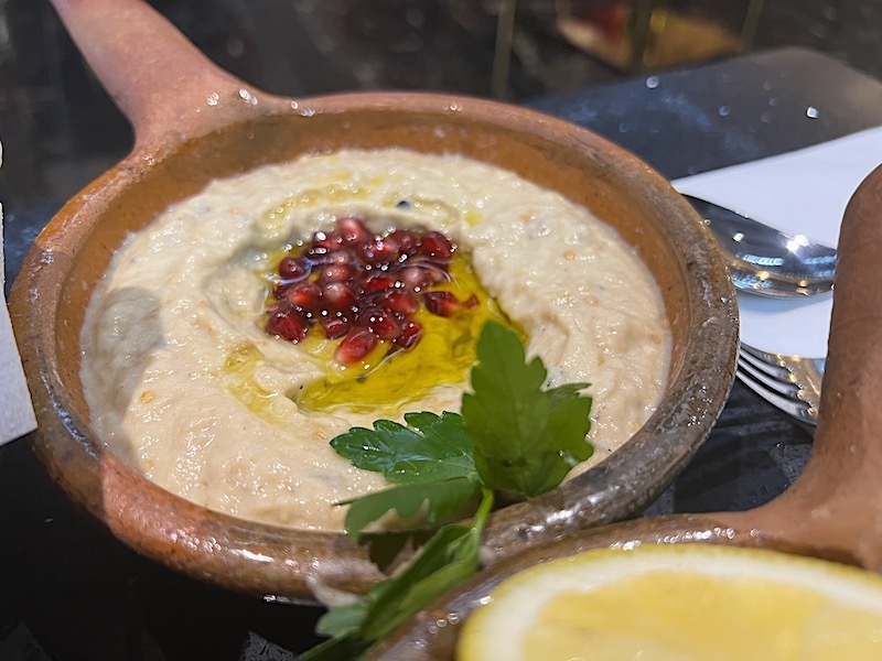 Moutabal Aubergine Dip Topped With Olive Oil And Pomegranate At Cedar Bakery Lebanese Breakfast Spot In Rusholme Curry Mile Manchester