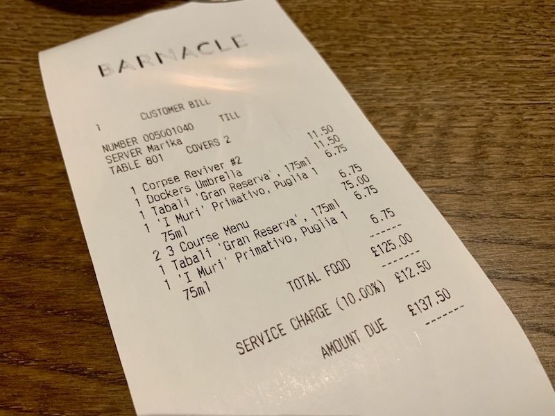 Barnacle Liverpool Duke Street Paul Askew Receipt