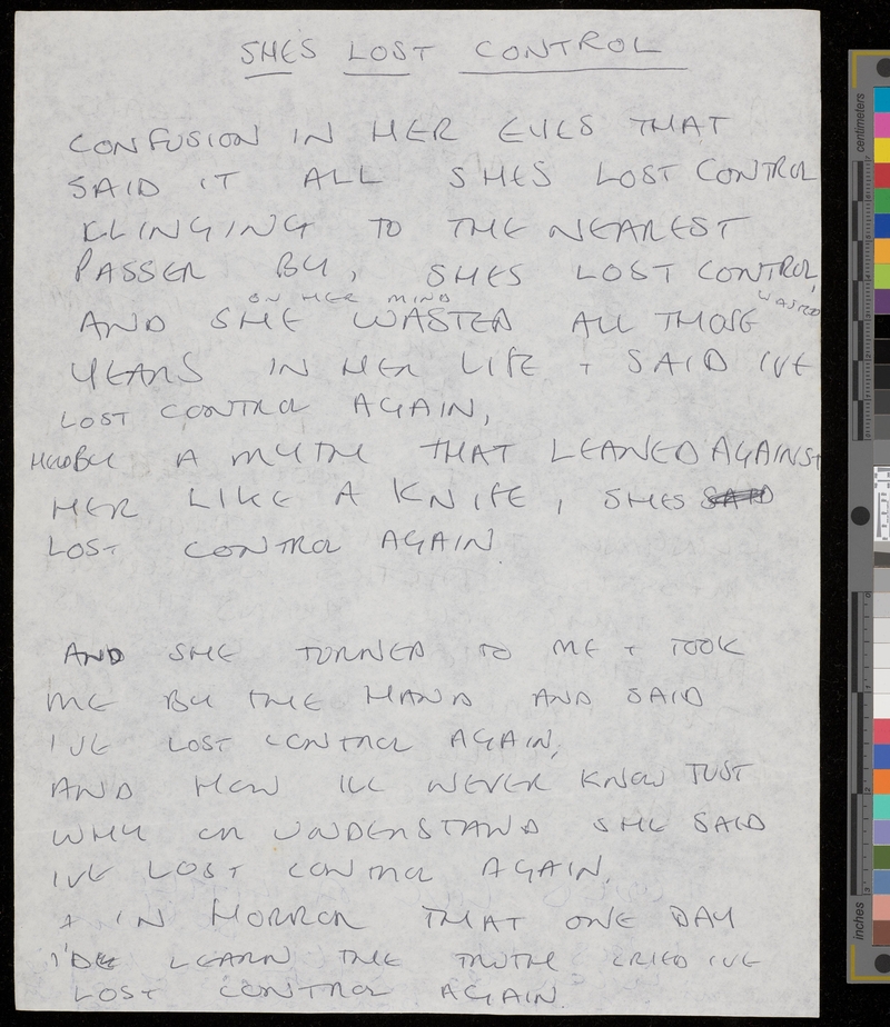 Handwritten Lyrics To Shes Lost Control By Ian Curtis Bpa Archive 2022Jpg
