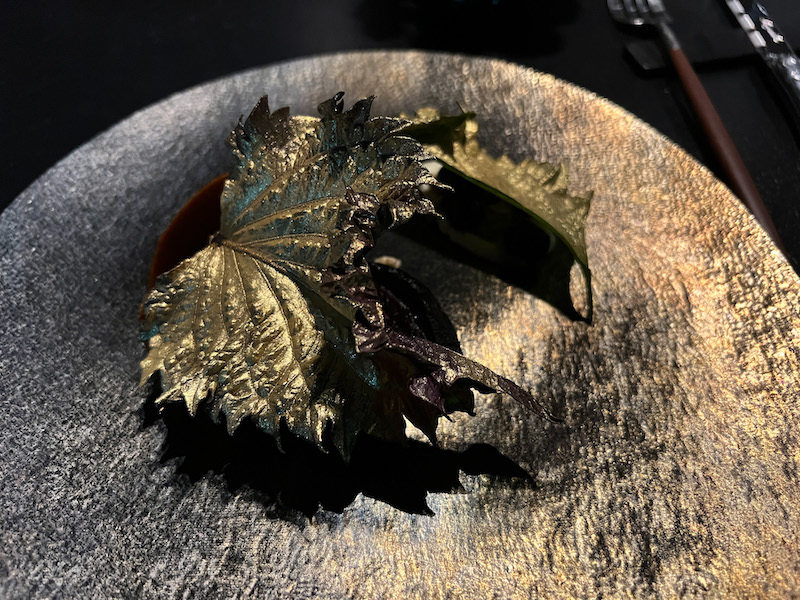 Gold Spray Paint Shiso Leaf With Venison At Home Restaurant Granary Wharf Leeds