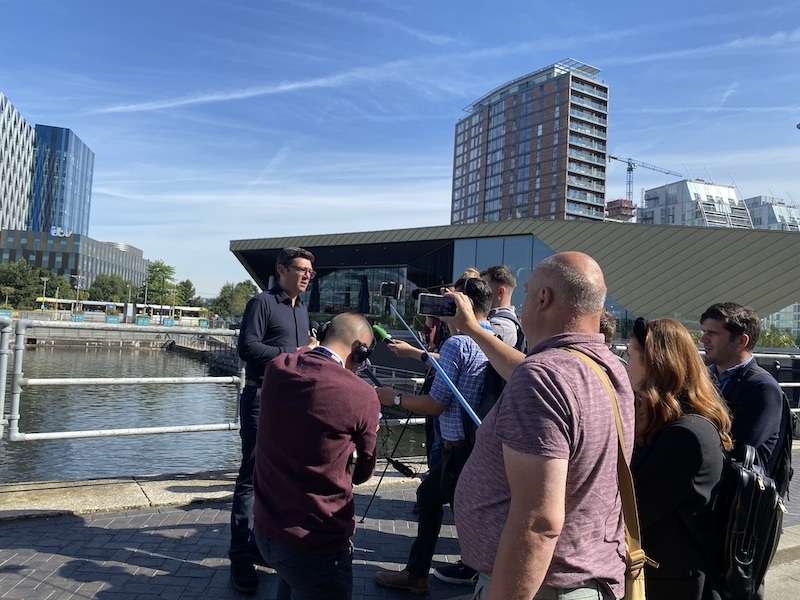 Andy Burnham Announces Lower Bus Fares To Members Of The Media At Salford Quays