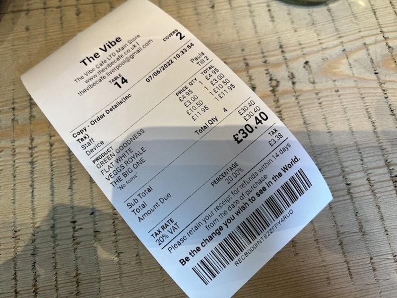 Receipt For The Vibe Cafe Review