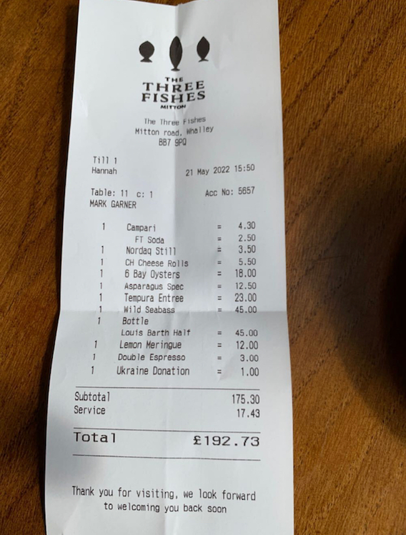 The Bill From Three Fishes At Mitton