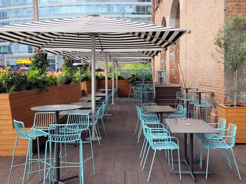 Ducie Street Warehouse Restaurant Terrace With Striped Umbrellas In Manchester