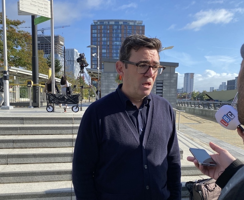 Andy Burnham Speaks To The Media About Avanti Trains At Media City Metrolink Stop